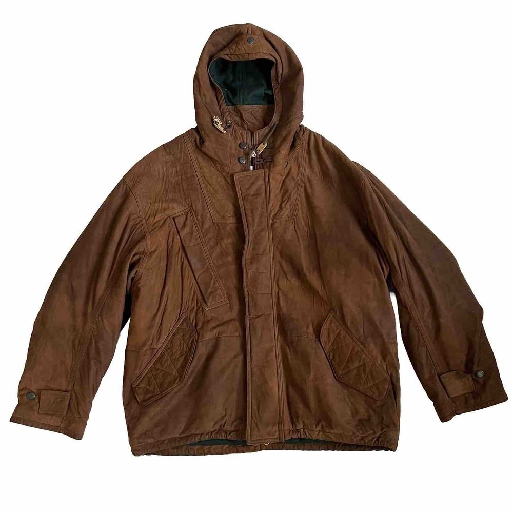 Sawyer Of Napa Sport Mens Leather Hood Coat Jacket Size L Brown